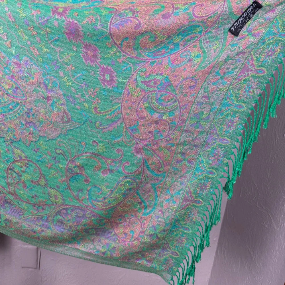 Teal green and purple paisley Pashmina fringe scarf Bohemian Shawl Wrap